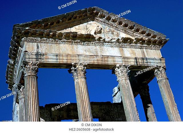 Capitol of Dougga, the modern city of Thugga. The temple is dedicated to Jupiter, Juno, and Minerva, 2nd century