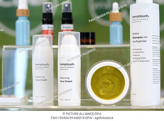 02 April 2019, Berlin: Various care products with hemp content can be seen at the International Cannabis Business Conference ICBC at an exhibitor's stand