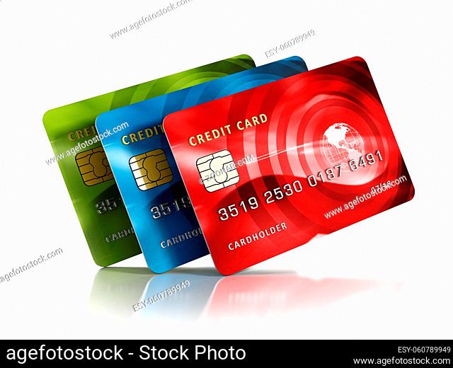 Multiple credit cards isolated on white background