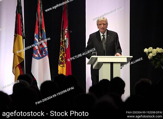 04 March 2020, Hessen, Hanau: Volker Bouffier, Prime Minister of Hesse, speaks at the memorial service for the victims of the attack of Hanau in the Congress...