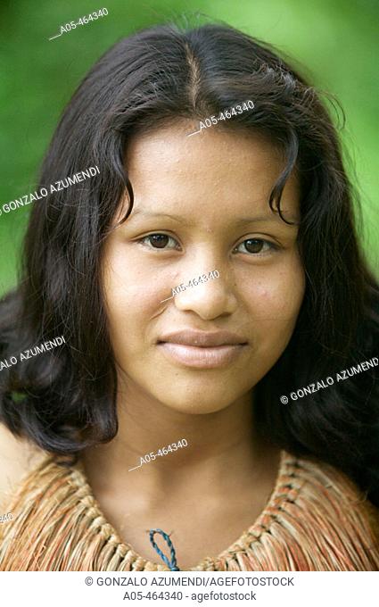 Indigenous girl portrait. Yaguas Community. Amazonas. Peru