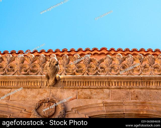 Ornate stone carvings on the roof and downspout at Casa de la Conchas or shells in Salamanca