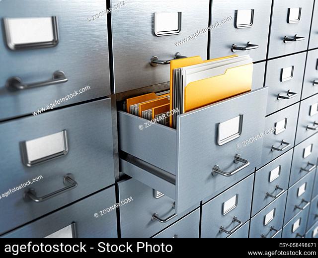Filing cabinet with a single yellow folder in an open drawer