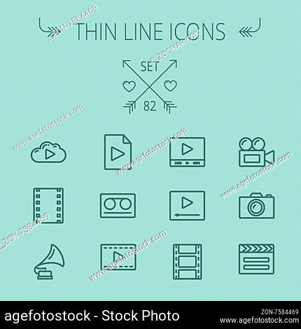 Multimedia thin line icon set for web and mobile. Set includes- phonograph, video camera, clapboard, film, strips, cloud, cassette, tape, arrow, forward icons