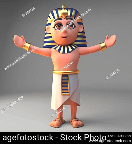 3d cartoon Tutankhamun pharaoh character with arms outstretched, 3d illustration render