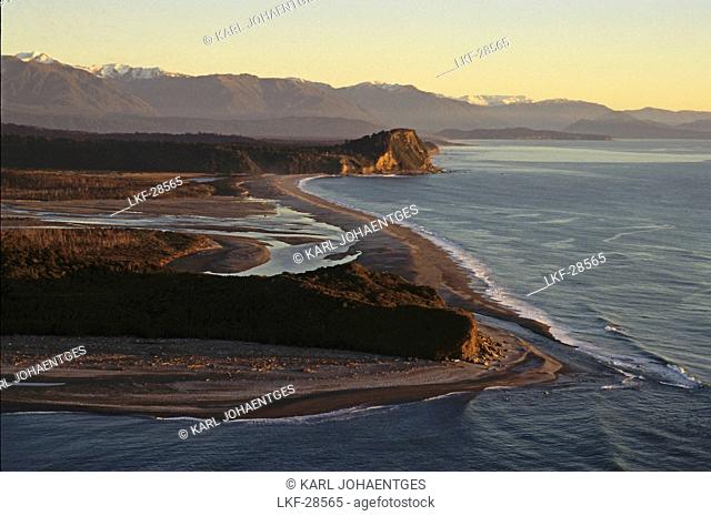 Aerial view of Gillespies Beach in the evening light, West Coast, South Island, New Zealand, Oceania