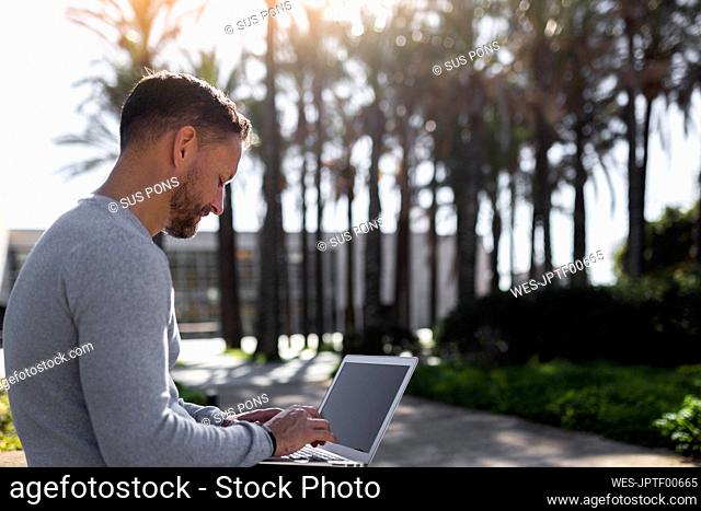 Male entrepreneur using laptop at park