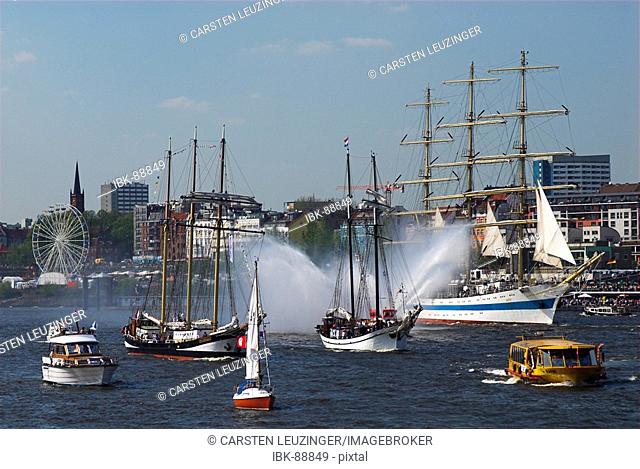 Ancient sailing ships in Hamburg during the 817th anniversary of Hamburg Harbour, Hamburg, Germany