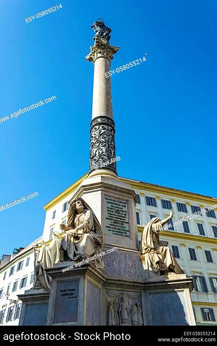 The Column of the Immaculate Conception stands in Piazza Mignanelli in front of the Spanish Embassy in Rome, and steps away from Piazza di Spagna