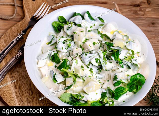 Frischer Kohlrabi Salat mit Joghurt und Feldsalat