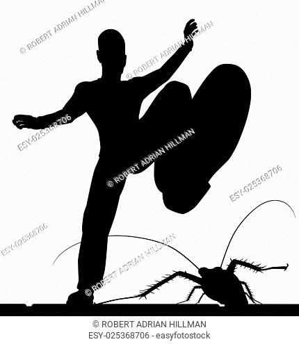 EPS8 editable vector silhouette of a man stamping on a cockroach with the figures as separate objects