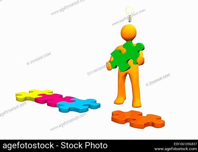Orange cartoon character with puzzle pieces and bulb on the white. 3d illustration