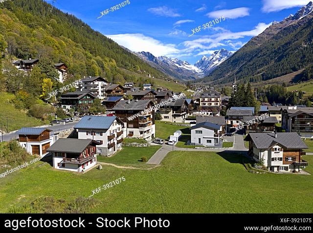 Municipality of Kippel with a view tof the Loetschenluecke pass, Loetschental, Valais, Switzerland