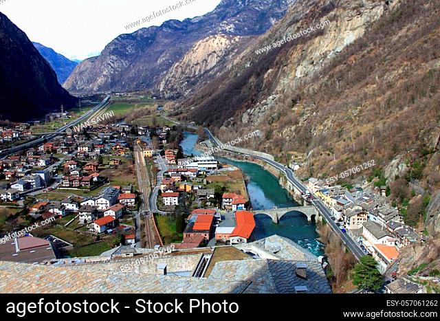 aerial panoramic view of the mountain village of Bard from the medieval fort of the same name, Italy. High quality photo