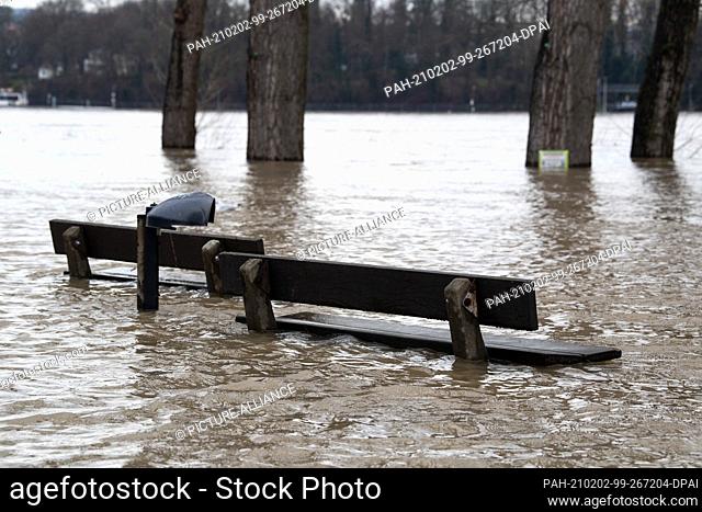 02 February 2021, North Rhine-Westphalia, Königswinter: Park benches stand in the high water of the Rhine. After thaw and rain