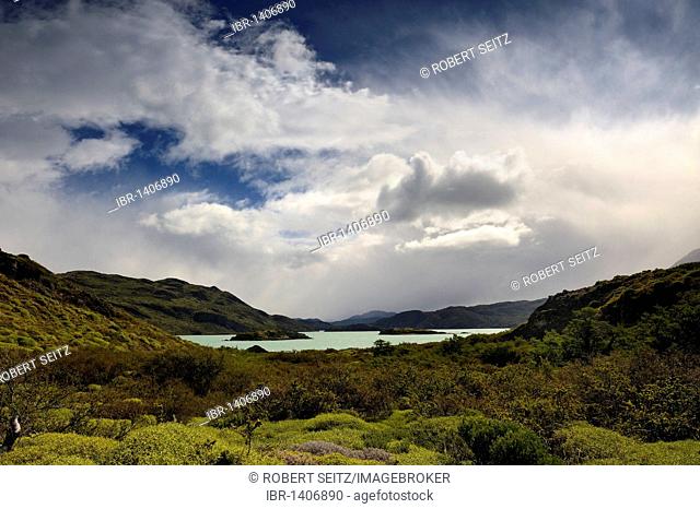 Hilly landscape with a lake, Patagonia, Chile, South America