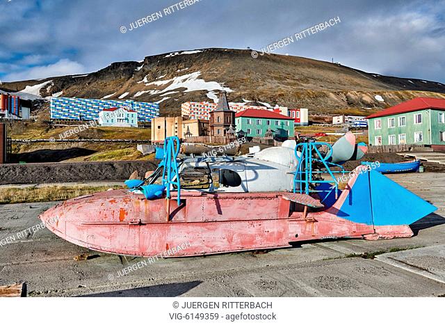 remains of strange flying boat in russian mining town Barentsburg, Svalbard or Spitsbergen, Europe - Barentsburg, Svalbard, 26/06/2018