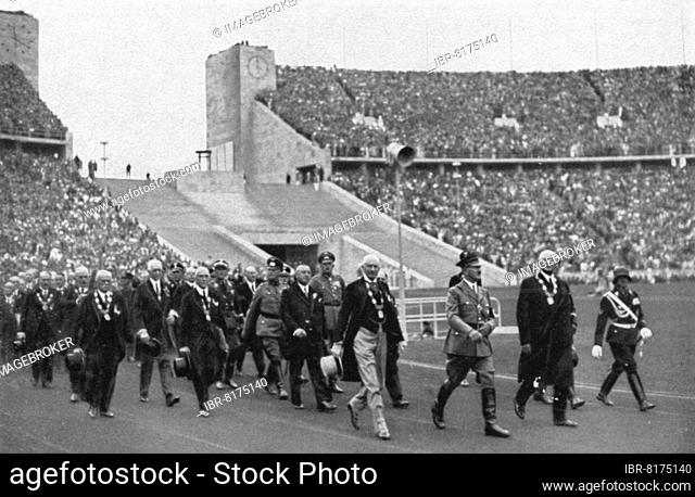 Adolf Hitler with the leaders of world sport in the stadium, opening ceremony, Olympic Stadium