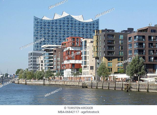 Hamburg, Elbphilharmonie with houses in the Grasbrookhafen