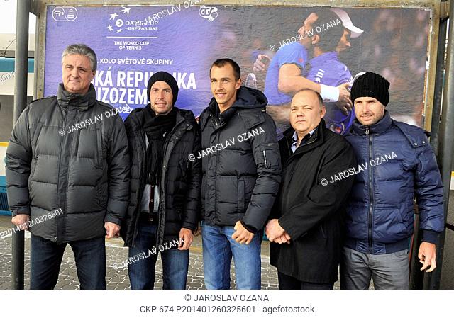 From left: captain Jaroslav Navratil, tennis players Radek Stepanek and Lukas Rosol, physiotherapist Pavel Kovac and coach Theodor Devoty come to a press...