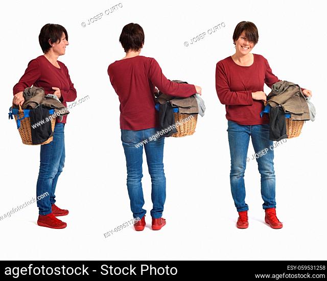 the same woman standing with the laundry basket in various poses