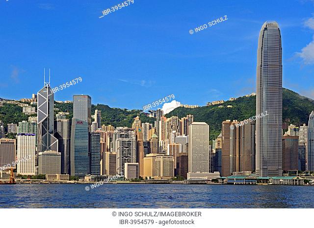 View from Kowloon on Hong Kong Island's skyline on Hong Kong River, Central, with Bank of China on the far left and IFC Tower far right, Hong Kong, China