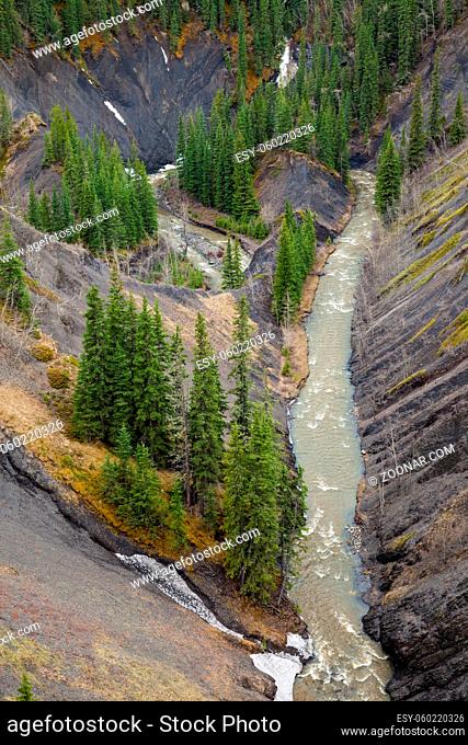 Aerial view of a mountain creek in a deep canyon, Rocky Mountains, Canada