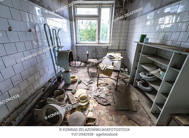 Interior of Hospital No. 126 of Pripyat ghost city, Chernobyl Nuclear Power Plant Zone of Alienation around nuclear reactor disaster, Ukraine