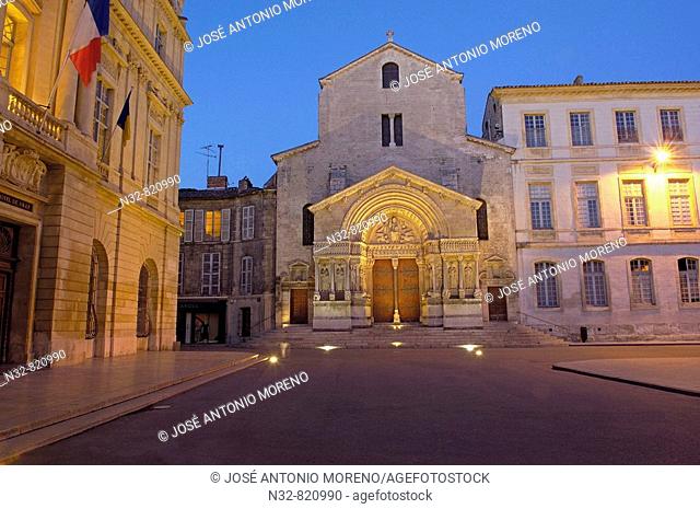 Saint Trophime cathedral at Place de la Republique at Dusk Arles Bouches du Rhone Provence France