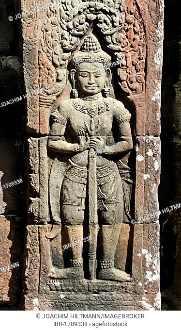 Relief, Dvarapala, guard figure, the temple complex of Banteay Kdei, Angkor, UNESCO World Heritage Site, Siem Reap, Cambodia, Southeast Asia, Asia