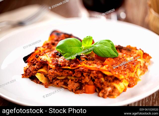 Piece of tasty hot lasagna. Close up, side view. High quality photo