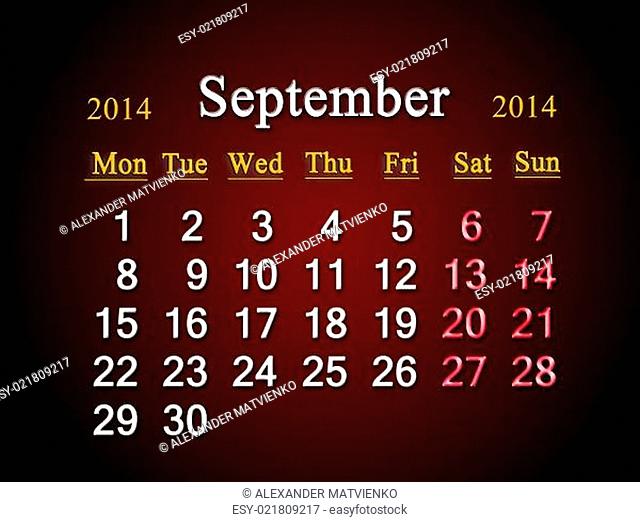 calendar for the September of 2014