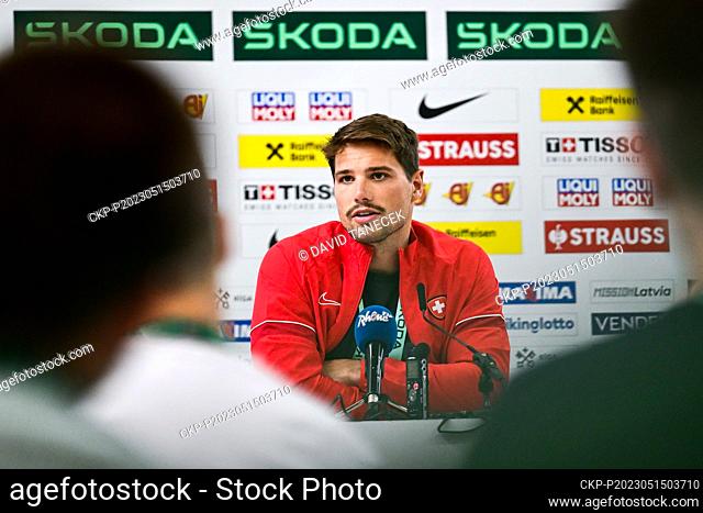 Kevin Fiala of Switzerland speaks during the press conference at the IIHF Ice Hockey World Championship on May 15, 2023, in Riga, Latvia