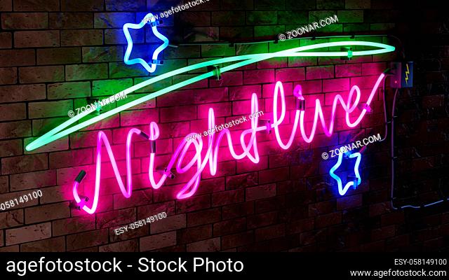 A neon light sign nightlive with stars 3D illustration