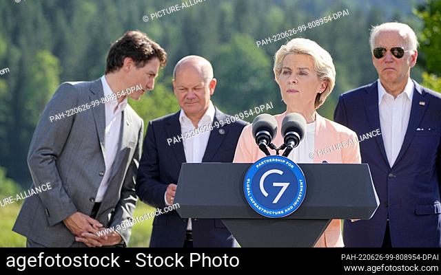 26 June 2022, Bavaria, Elmau: Ursula von der Leyen, President of the European Commission (EU), speaks during a press statement on partnerships for global...