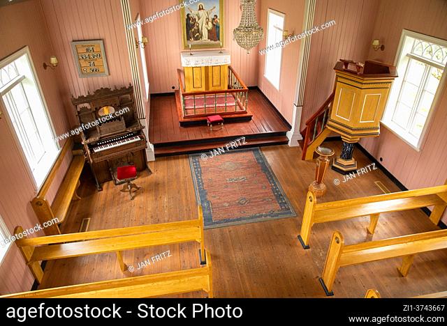 interior of wooden church at Sorralaug, Iceland