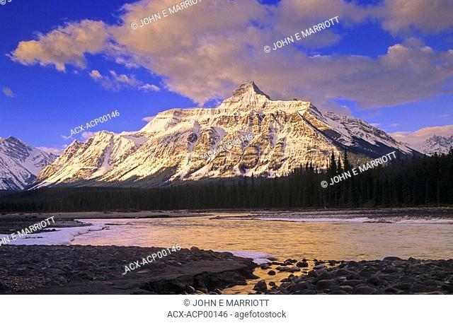 Athabasca River and Mount Christie at sunrise, Jasper National Park, Alberta, Canada