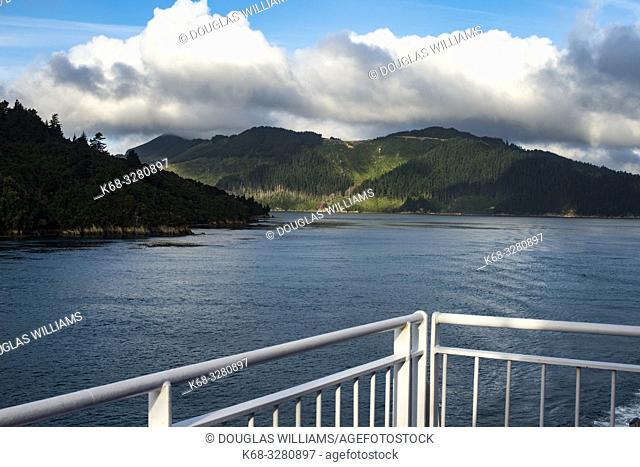 view from the ferry boat in Queen Charlotte Sound as it approaches Picton on the south island of New Zealand