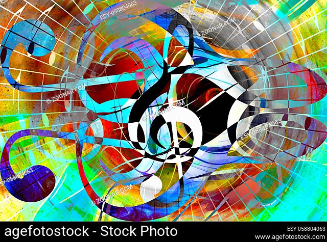 music notes and clef in space with stars. abstract color background. Music concept