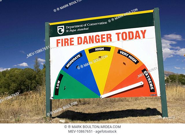 Sign - Roadside fire danger warning sign near Queenstown. South Island, New Zealand
