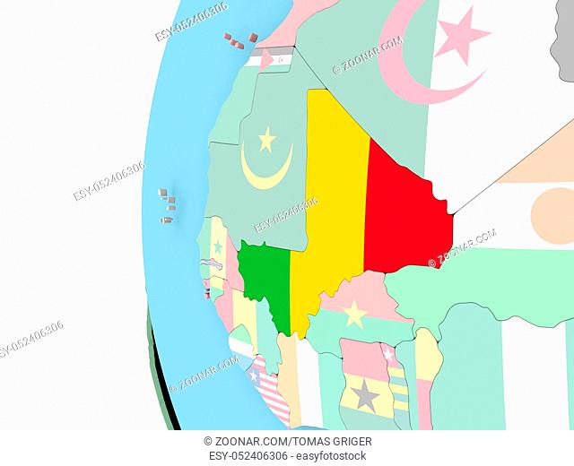 Mali on political globe with flag. 3D illustration