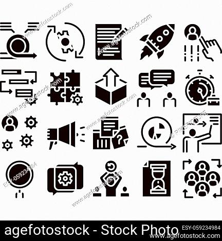 Scrum Agile Collection Elements Vector Icons Set Thin Line. Agile Rocket And Document File, Gear And Package, Loud-speaker And Stop Watch Glyph Pictograms Black...