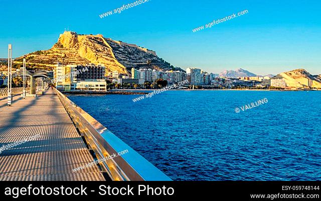 Urban landscape, view of Santa Barbara castle in Alicante, Spain, seen from the seafront