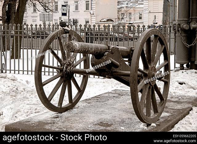 One of the ten old cannon imitations surrounding Glory Column in square in front of Holy Trinity Cathedral St Petersburg Russia