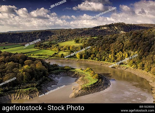 View of river, farmland and woodland, Wintours's Leap, River Wye, Wye Valley, near Chepstow, South Wales, United Kingdom, Europe