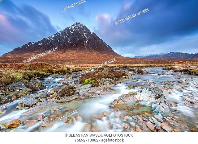 Buachaille Etive Mor and the River Coupall at Glen Etive, Highlands, Scotland, United Kingdom, Europe