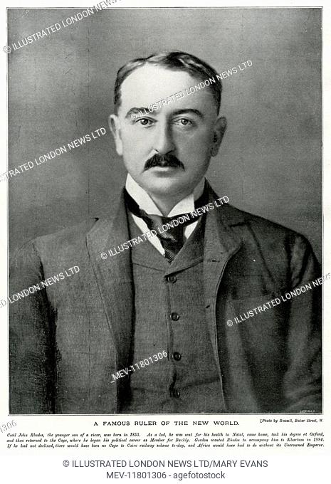 Cecil Rhodes (1853 - 1902), British businessman, mining magnate and politician in South Africa, who served as Prime Minister of the Cape Colony from 1890 to...