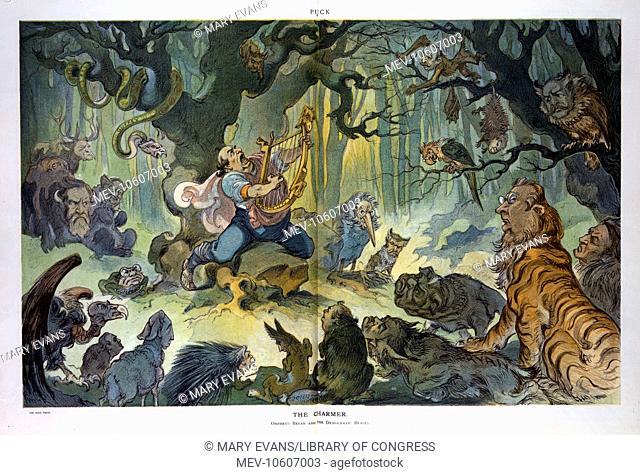 The charmer. Illustration shows William Jennings Bryan as Orpheus singing and playing a lyre labeled Harmony, attracting a motley group of wild animals...