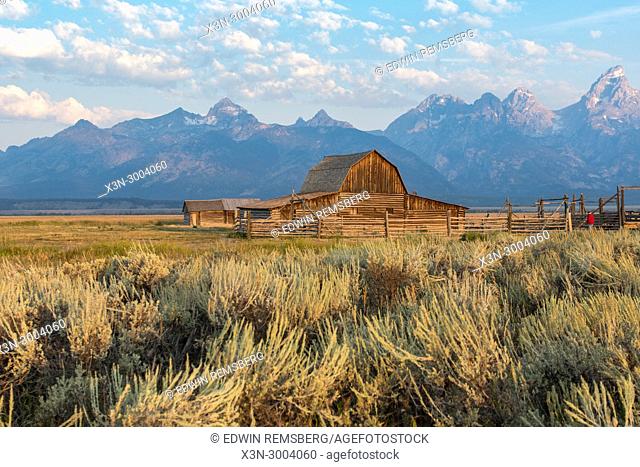 Famous John Moulton Barn stands in front of Teton Mountain Range on a cloudy day, Grand Tetons National Park, Teton County, Wyoming. USA