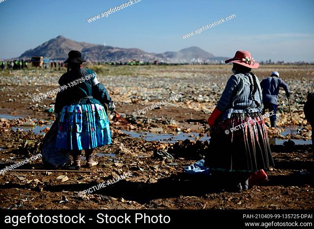 07 April 2021, Bolivia, Oruro: Women in traditional costume take part in a large-scale cleaning operation at the polluted Lake Uru Uru